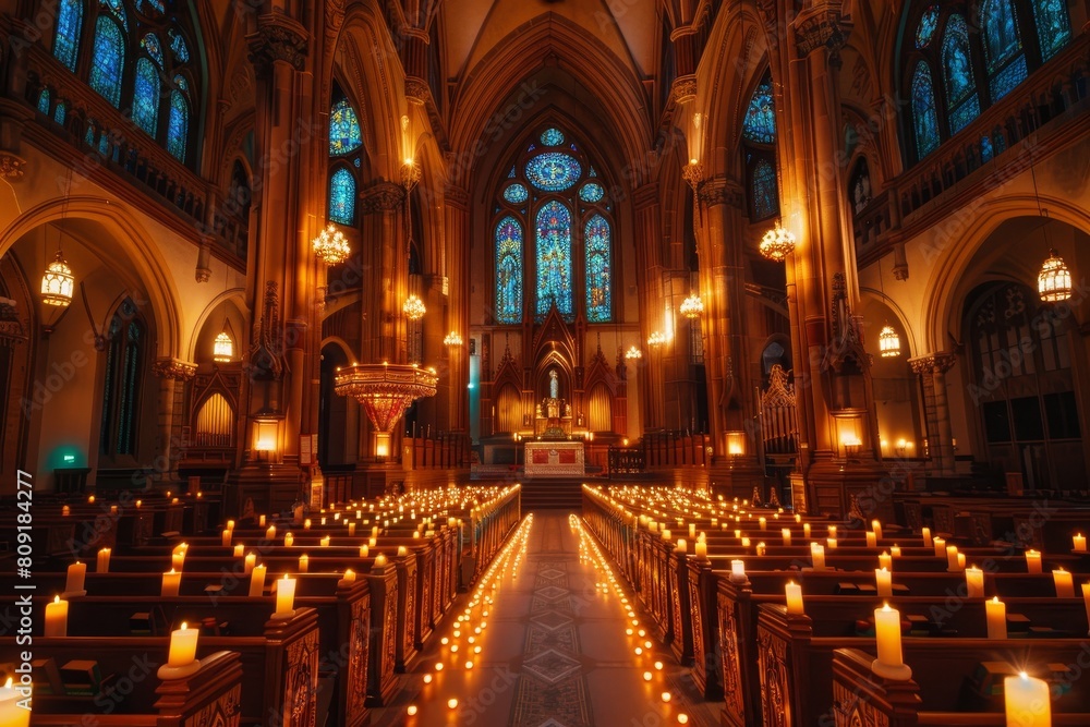 Fototapeta premium A traditional cathedral with rows of burning candles placed in front of it, A classic cathedral with ornate stained glass windows and candlelit aisles