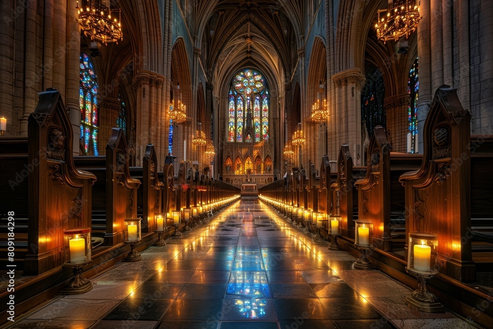 A large cathedral featuring a row of long pews, with ornate stained glass windows in the background, A classic cathedral with ornate stained glass windows and candlelit aisles