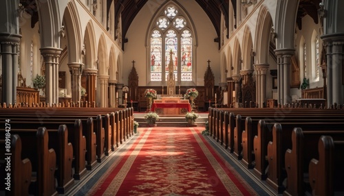 A church interior featuring red carpet running down the aisle with wooden pews on either side