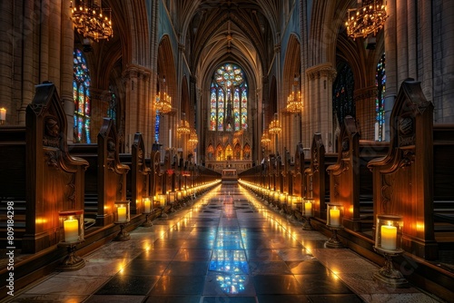 A large cathedral featuring a row of long pews  with ornate stained glass windows in the background  A classic cathedral with ornate stained glass windows and candlelit aisles