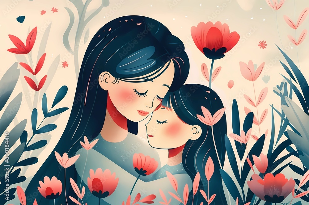 A woman tenderly holds a child in a vibrant field of flowers A woman tenderly holds a child in a vibrant field of flowers
