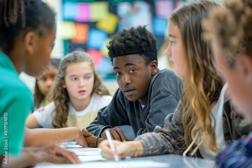 Diverse group of young students sitting together at a table in a classroom  A classroom filled with diverse students collaborating on a project