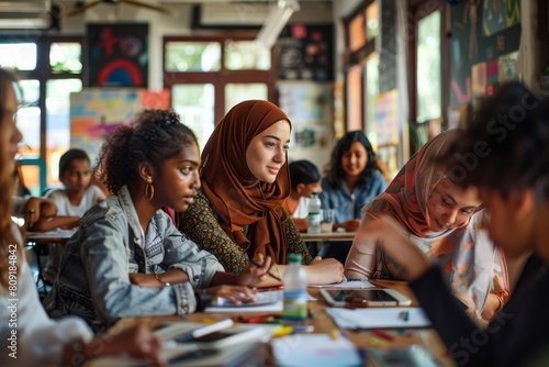 Diverse group of young women sitting together at a table, engaged in conversation or study, A classroom filled with diverse students collaborating on a project