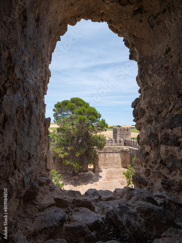 Scenic view of crop fields from Castillo de las Aguzaderas, old fortress of Muslim origin near the town of El Coronil, province of Seville, southern Spain 