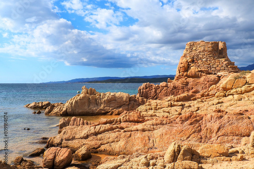 Tonnara Beach located in the Bouches de Bonifacio nature reserve in Corsica (Island of Beauty). Its waters are translucent, and thanks to the Tonnara islets, it creates a sort of fairly calm lagoon