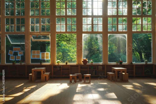 Classroom flooded with natural light from multiple windows, showcasing wooden tables and a spacious environment, A classroom filled with natural light streaming through windows