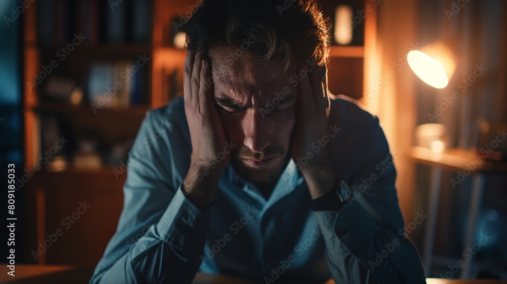 Young Professional Man Experiencing Job Rejection Stress at Night Young Professional Man Experiencing Job Rejection Stress at Night