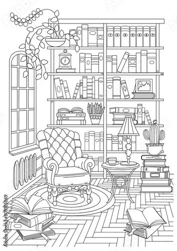 Coloring Book For Adults And Children. Home Library.
