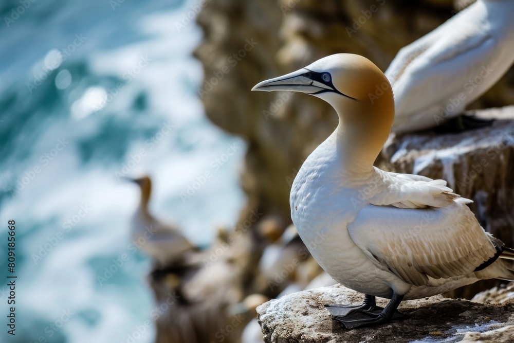 Northern gannets, Closeup shot of Northern gannets flying with a background of blue sea, Ai generaed Northern gannets, Closeup shot of Northern gannets flying with a background of blue sea, Ai generaed