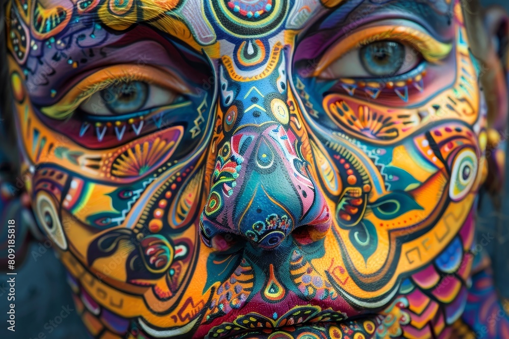 Detailed close-up of a persons face painted in bright and intricate colors, A close-up of a face with intricate and colorful patterns