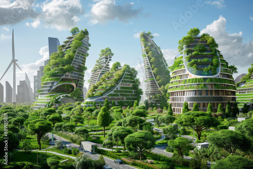 An artist 's impression of a city with lots of green buildings photo