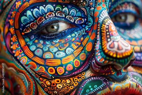 Detailed close-up of a persons face painted in vibrant colors, A close-up of a face with intricate and colorful patterns