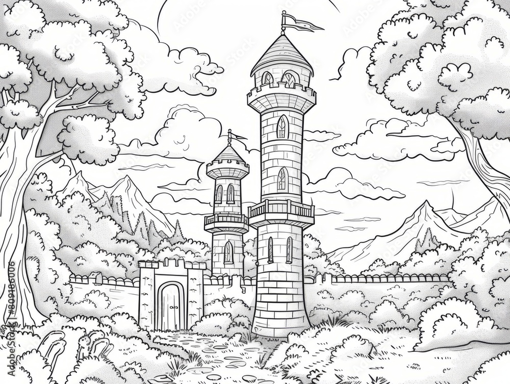 Fototapeta premium Castle of Dreams: Princess Coloring Design for an Artistic Adventure in Our Children’s Coloring Book.