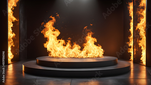 Round podium with fire flames on black background