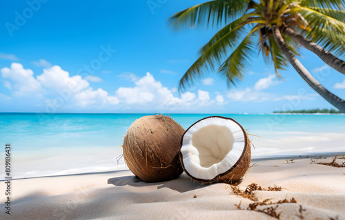 coconuts on white beach sand over blue transparent ocean wave ba photo