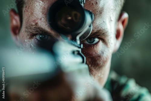 Closeup of a shooter with a gun in hand, showing a concentrated expression, A close-up of a shooter's concentrated expression photo