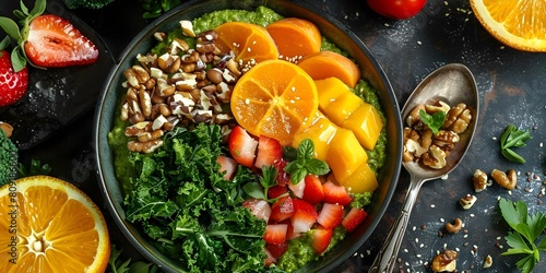 Green Vegan Breakfast Bowl: A Fresh and Colorful Top-Down View. Concept Vegan Food, Breakfast Recipes, Healthy Eating, Plant-Based Diet, Food Photography