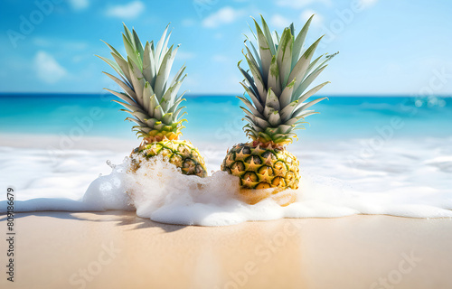 pineapple fruits on white beach sand over blue transparent ocean photo