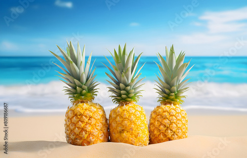 pineapple fruits on white beach sand over blue transparent ocean photo