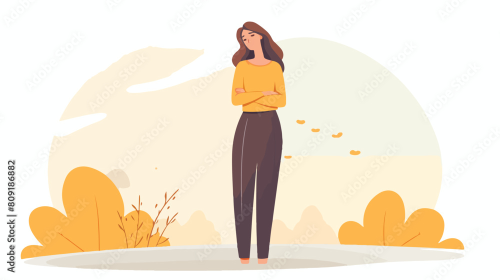 Lonely single woman standing upset flat vector illu