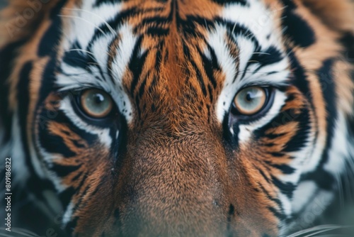 Detailed view of a tigers face with sharp focus on its eyes  nose  and whiskers against a blurred background  A close-up of a tiger s piercing eyes