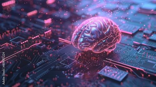 Digital brain on a circuit board. Futuristic neon depiction of human brain as cybernetic entity.