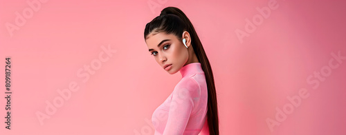 Latina model with headphones in profile wearing a pink-colored maxi. Pink background. Space for text.