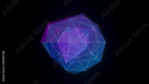 Geometric Neon Wireframe 3D Polygon Rotation - Seamless loop Animation (ID: 809187285)