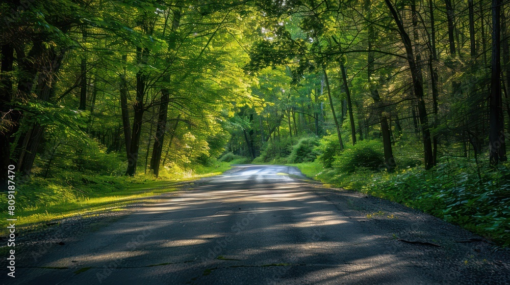 Fototapeta premium A peaceful road surrounded by green foliage basked in sunlight, showcasing nature’s calm