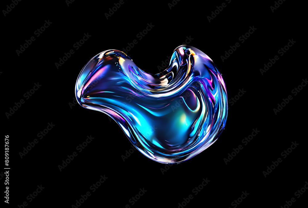 Obraz premium Bold holographic liquid metal shape isolated. Iridescent wavy melted chrome substance