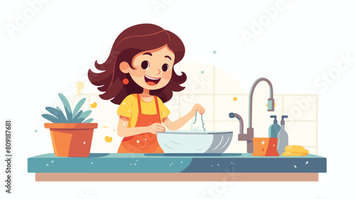 Little girl washing dishes in water sink daily rout © yaxir
