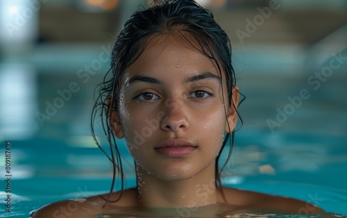 A woman is in a swimming pool  gazing directly at the camera