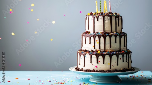  A three-layer cake, chromatically adorned with chocolate icing, sits atop a blue table Confetti and additional sprinkles scattered around complete the celebratory scene