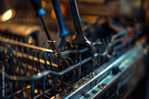 Close up of various utensils placed inside a dishwasher for cleaning, A close-up of tools being used to repair a broken dishwasher photo