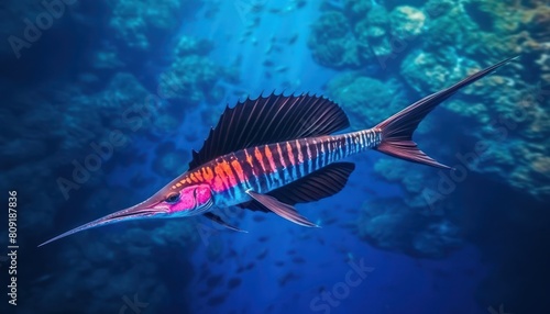 Ikan marlin besar di lautan biru, pemandangan hewan lautan yang memukau photo