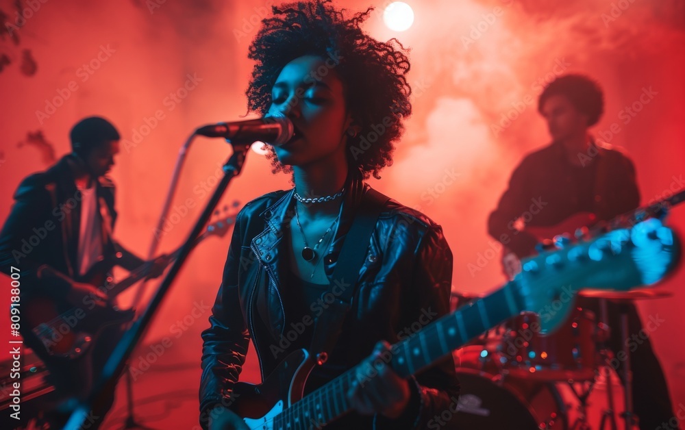 A woman stands performing, singing into a microphone while skillfully strumming a guitar A woman stands performing, singing into a microphone while skillfully strumming a guitar