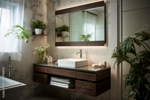 Stylish, contemporary bathroom featuring a sleek vanity and mirror with ambient lighting