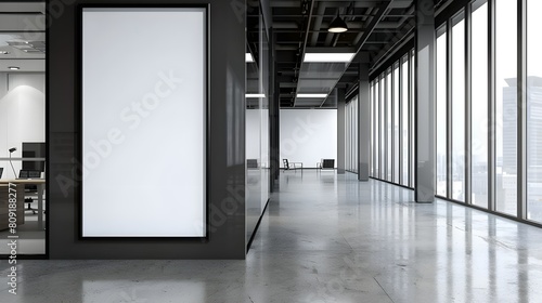 contemporary office corridor interior with mock up white billboard  glass doors  and modern furniture on concrete floors - architectural and design concept 