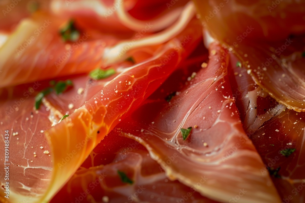 Close-up of prosciutto with aromatic herbs sprinkled on top, A close-up view of a single prosciutto slice with delicate marbling