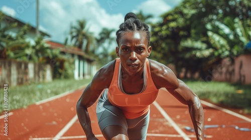 Black woman practicing athletics sport, person is focused and enjoying the sport, sports photography, generative AI. photo