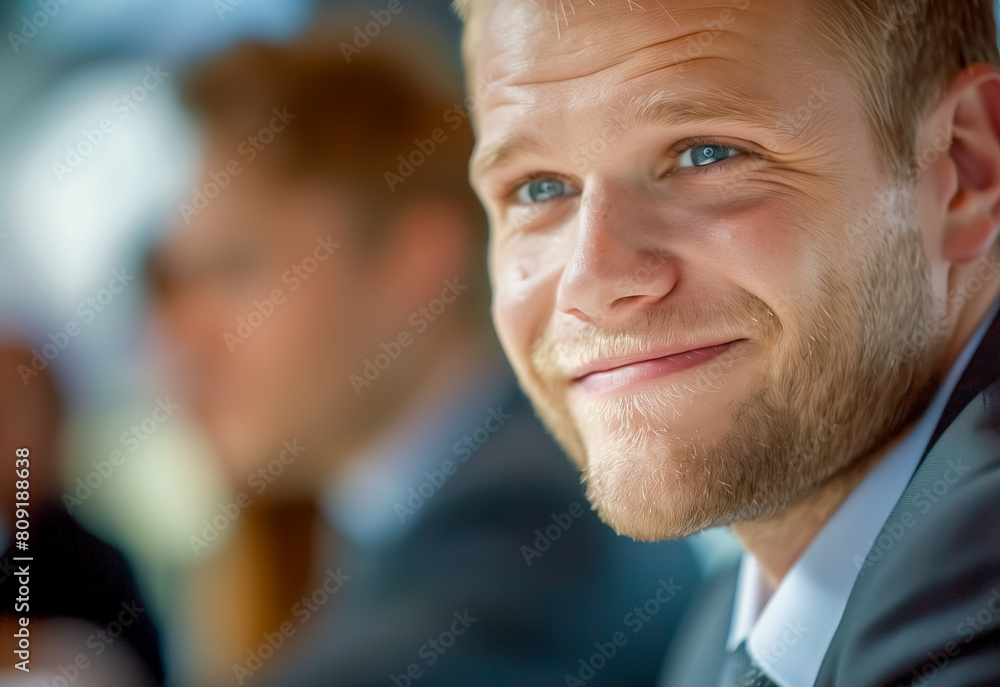 Closeup portrait of young businessman at business meeting Closeup portrait of young businessman at business meeting