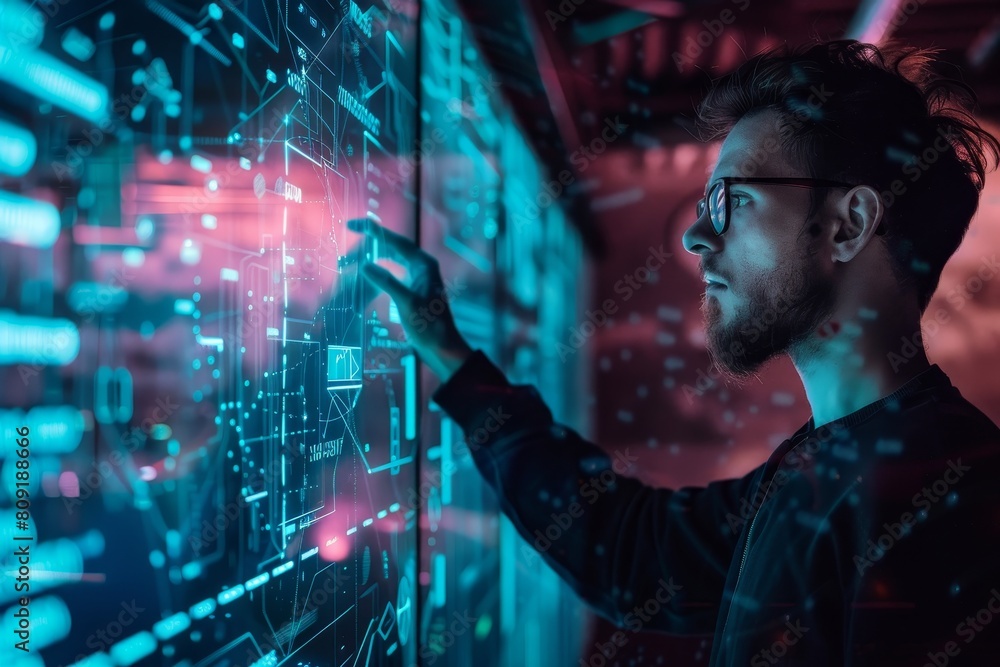 A cloud security architect in glasses closely examines data on a computer screen, A cloud security architect designing secure cloud storage solutions A cloud security architect in glasses closely examines data on a computer screen, A cloud security architect designing secure cloud storage solutions