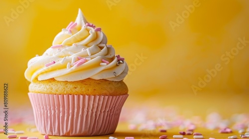   A cupcake with white frosting and pink and white sprinkles against a yellow background