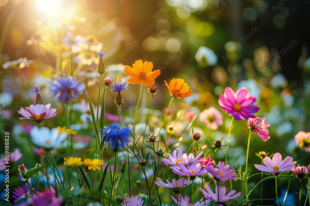 Colorful wildflowers bloom in a sunlit field, A cluster of colorful wildflowers blooming in the sunlight Colorful wildflowers bloom in a sunlit field, A cluster of colorful wildflowers blooming in the sunlight