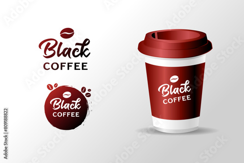 Black Coffee creative logo concept with 3d coffee cup. Realistic blank mock up paper cup with plastic lid, coffee to go take out mug. Vector illustration