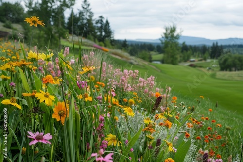 A lush green field brimming with vibrant wildflowers in full bloom  A cluster of vibrant wildflowers lining the edge of the course