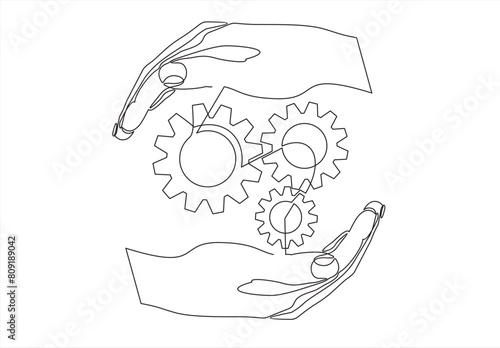 continuous one single line drawing of hands holding gears, tech development, engineering, technology