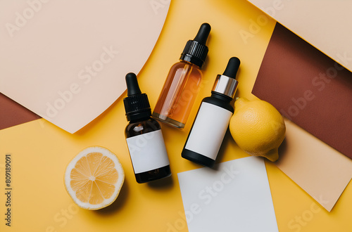 Mockup estival cosmétique avec flacons et huile, illustration commerciale de produits naturels, citron et feuilles sur fond géométrique jaune, rose, orange et brun photo