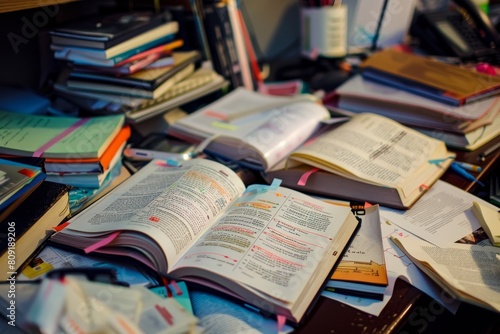 A pile of books neatly stacked on top of a cluttered desk, A cluttered desk with open textbooks and highlighted notes © Iftikhar alam