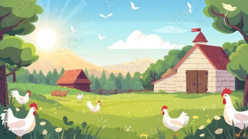 Charming Barnyard Scene with Playful Chickens and Sweet Little Birds